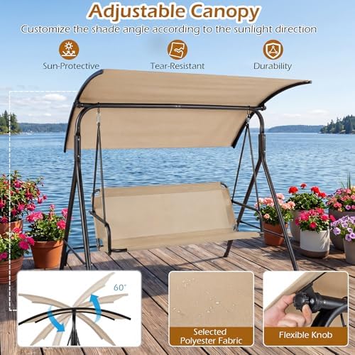 Tangkula 3 Person Porch Swing with Adjustable Canopy, 800 lbs Capacity