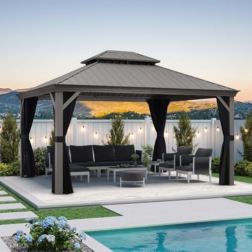 PURPLE LEAF Hardtop Gazebo 12' x 14' Patio Gazebo w/Black Curtain & Netting