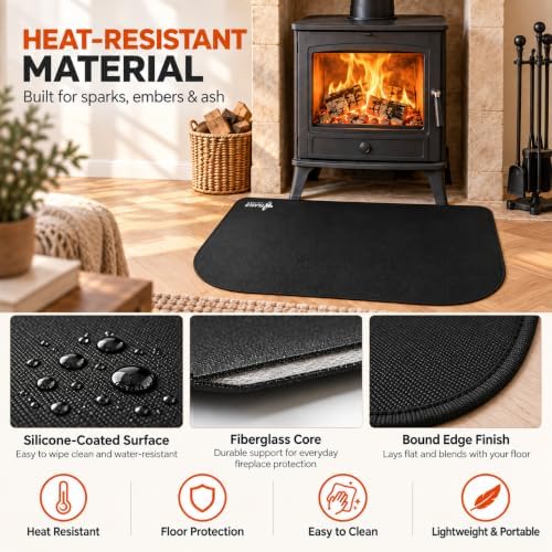 FLASLD Fireplace Mat 40 x 60 in, Heat-Resistant Floor Protector, Black