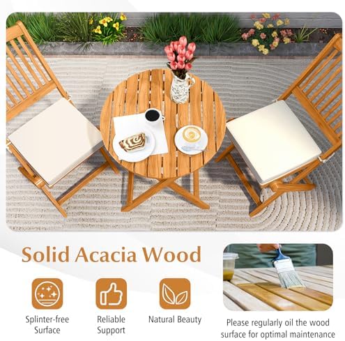 Tangkula 3 Pieces Acacia Wood Patio Folding Bistro Set, Outdoor Table and Chairs Set with Soft Cushions, Patio Furniture Set for Porch, Balcony, Garden, Deck and Backyard