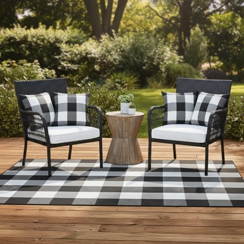 5 Pcs Buffalo Plaid Set 4 Pillow Covers 1 Rug,Black and White
