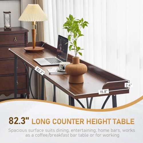 Karl home 82.3" Bar Table, Counter Height Table with Back Rail, Brown