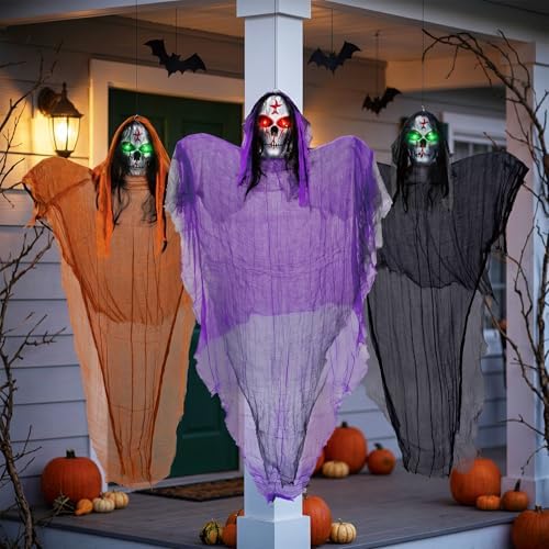3 Packs Halloween Decorations Outdoor - BCLGSHINE Lighted Giant Hanging Skeleton Decorations, 5.5 ft Scary Halloween-Ghost Lights for Porches, Party, Yards, Gardens, Lawn