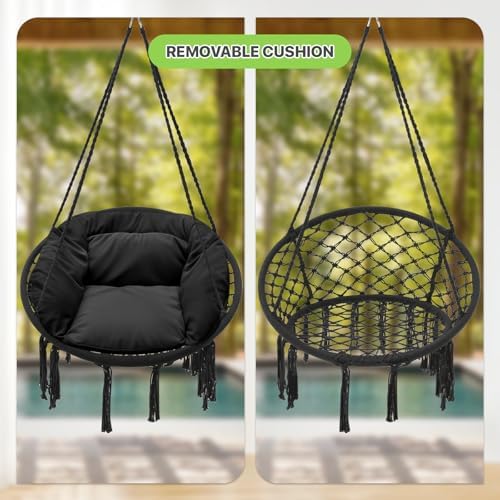 Magshion Macrame Hanging Hammock Chair with Cozy Full Cushion, Black
