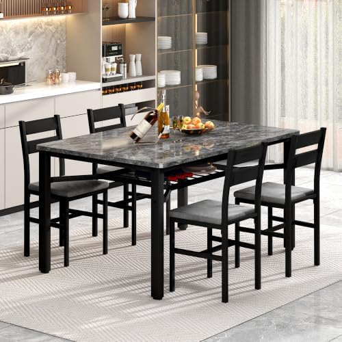 Hooseng 5 Piece Dining Table Set for 4, Modern Kitchen Table with Storage Rack and 4 Upholstered Chairs, Faux Marble Dining Room Table Set for Apartment, Small Spaces (Gray)