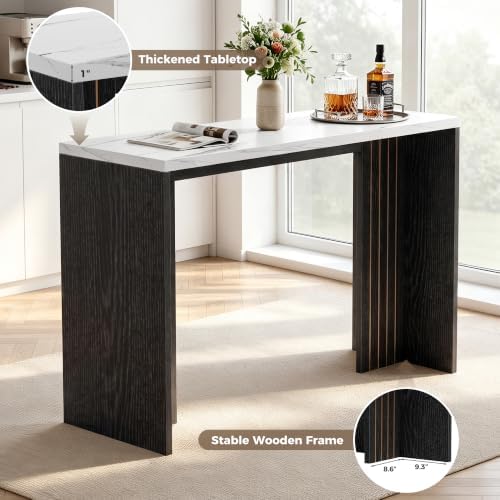 Miereirl 55" Bar Table, Marble Bar Height Table, 36.4" High Pub Table with Thick Tabletop, Narrow Entryway Table Sofa Table, Counter Height Dining Table for Living Room, Kitchen (White and Black