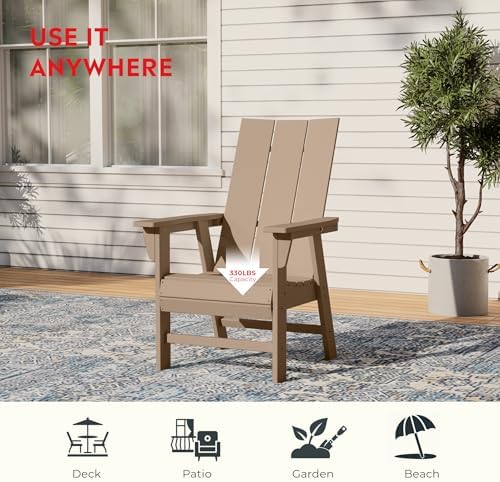 Costaelm Fire Pit Chairs, Outdoor Chair HDPE Adirondack Chair, Modern Patio Porch Chair, Front Porch Backyard Deck Outside Chairs, Weathered Wood
