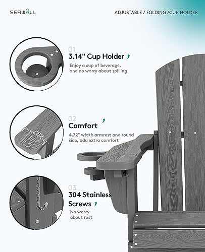 SERWALL Folding Adjustable Adirondack Chairs Set of 4, Cup Holders, Gray