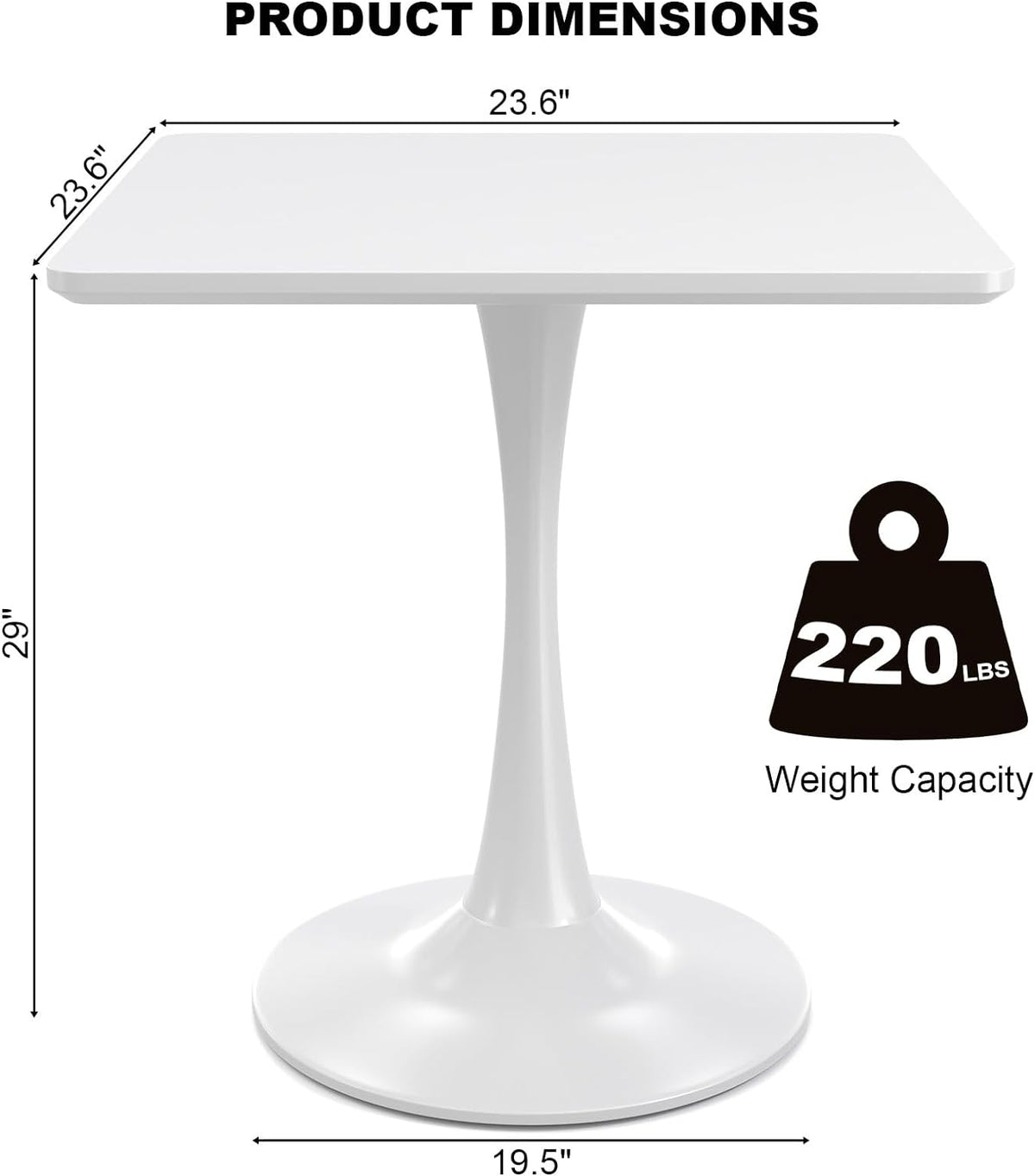 White Square Tulip Table for 2 Person, Modern 24 Inch Small Dining Table