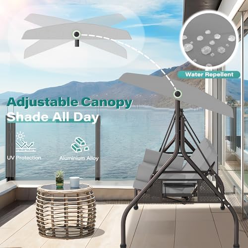 SUNCROWN Outdoor 3 in 1 Porch Swing Chair, 3 Seat Patio Swing Glider with Adjustable Canopy, Heavy Duty Swings with Thickened Cushions, Pillows & Cup Holders for Backyard, Porch, Garden,Grey