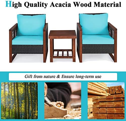 Tangkula 3 Pieces Patio Wicker Furniture Set, Rattan Outdoor Sofa Set w/Washable Cushion & Acacia Wood Coffee Table, Conversation Bistro Set for Garden Balcony Backyard (Turquoise)