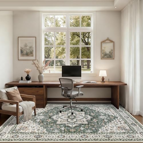 10x14 Area Rugs Living Room: Washable Rug for Bedroom Green Ivory