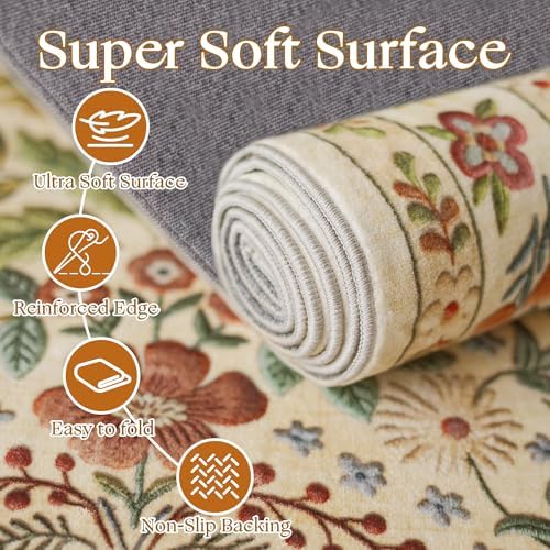 Beauoop 8x10 Floral Washable Beige Neutral Vintage Area Rug for Living Room