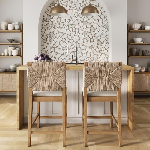 Nathan James Beacon Bohemian Boucle Bar Stool, Upholstered Counter Height Chair with Solid Wood Frame and Woven Seagrass Back for Kitchen Island, Light Brown/Seagrass/Cream Boucle, Set of 2