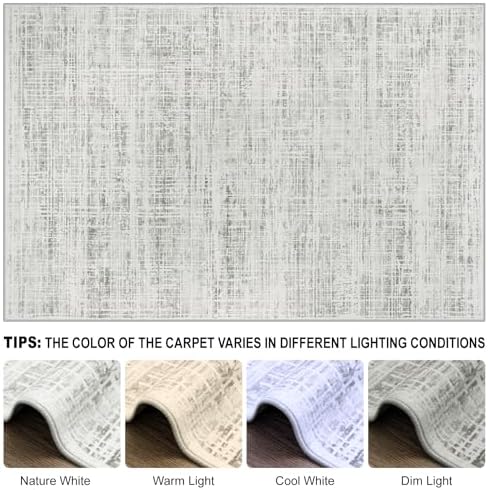 8x10 Washable Area Rug for Living Room Bedroom: Non-Slip Modern White Gray