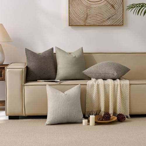 Natural Linen Look Throw Pillow Covers 18x18 Inch Set of 4, Textured Woven Decorative Pillow Covers, Neutral Square Cushion Covers for Couch Sofa Living Room Bedroom, Walnut Beige Mix