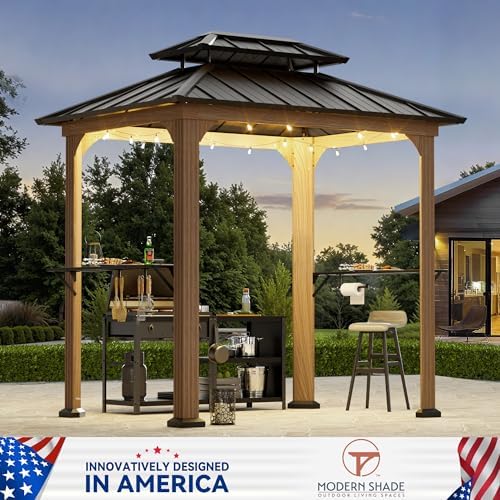 Modern Shade Grill Gazebo 6x8 with USB Charging Power Strip, Wood Grain
