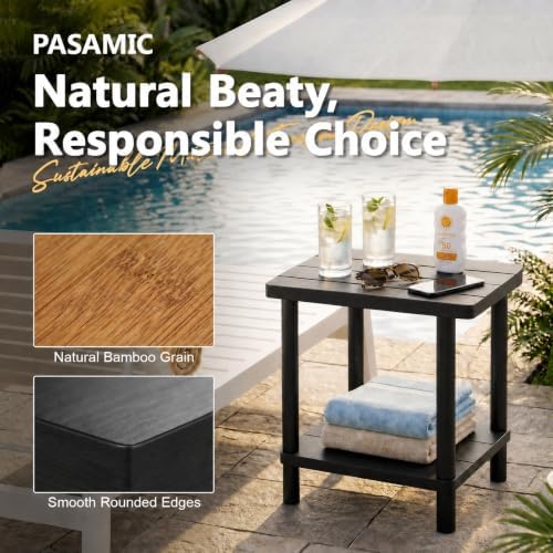 PASAMIC Outdoor Side Table, 2-Tier Square Patio Table for Indoor or Outside, Bamboo Outdoor Tables for Porch, Patio, Balcony, Backyard, Weather Resistant Adirondack End Tables, Low-Maintenance, Black
