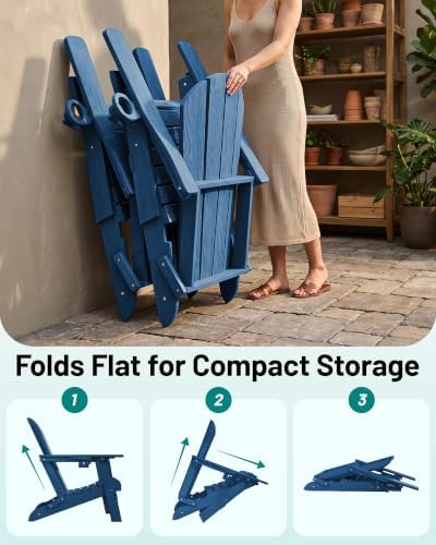 PLUUV Folding Adirondack Fire Pit Chairs Set of 2 with Cup Holders,Navy