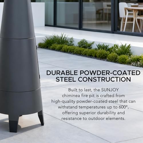 SUNJOY 57 Inch 2-in-1 Chiminea Fire Pit & Grill - Grey Metal Outdoor Chiminea with Removable Stainless Steel Grill Grate, PVC Cover, and Mesh Safety Screen Door