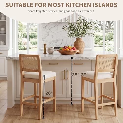 HNY Rattan Counter Bar Stools Set of 4, Farmhouse Bar Stools with Back and Wood Legs, Upholstered Mid Century Modern Fabric Barstools Breakfast Island Chairs for Kitchen Island - White/ 26"