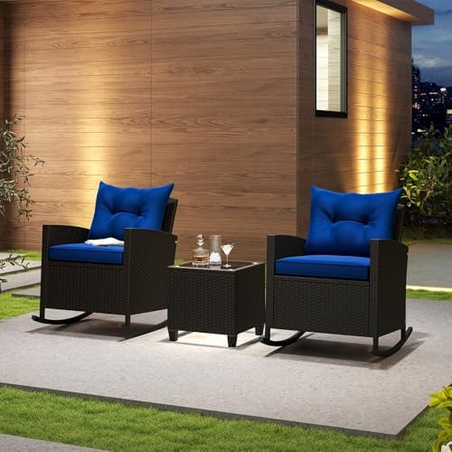 RELAX4LIFE 3-Piece Rocking Bistro Set - Rattan Wicker Rocking Chairs Set of 2 w/Soft Cushions, Glass Coffee Table, Outdoor Conversation Rocker for Porch Balcony, Small Patio Furniture (Brown-Navy)