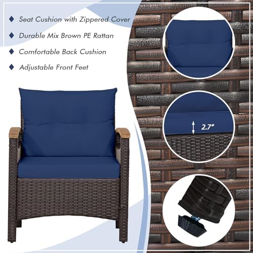 Tangkula 3-Piece Patio Furniture Set, Patiojoy Outdoor Rattan Sofa Set with Coffee Table, Patio Conversation Set with Removable Cushion, Cozy Acacia Wood Armrests for Backyard, Poolside (Navy)