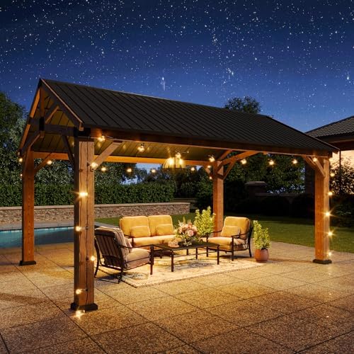Aoxun 12' x 16' Wood Gazebo with Galvanized Steel Gable Roof, Gray