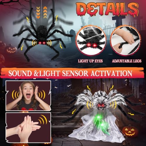 Halloween Spider Web Lights Decor+2 Animatronic 34'' Jumping Spider, Gray