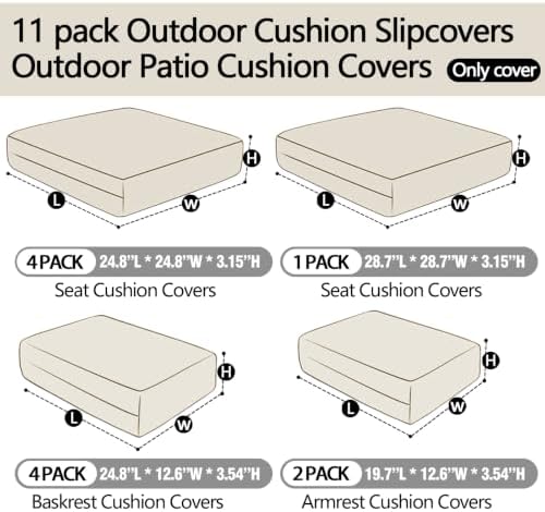 11 Piece Patio Cushion Covers Replacement Water&Fade Resistant Outdoor Sofa Slipcovers for Sectional Wicker Rattan Furniture，Deck&Porch Cushion Protector (Light Gray, 24.8x24.8x3.54 Inches)