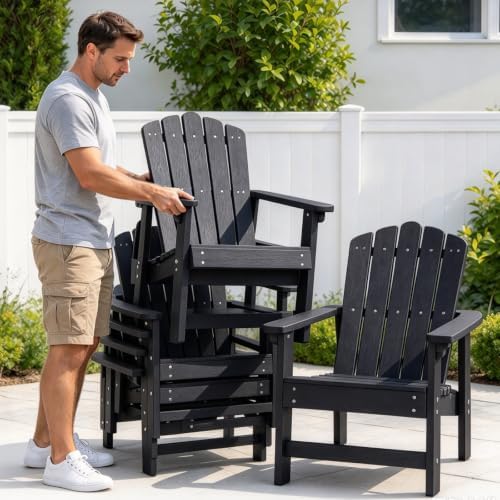 HDPE Stackable Adirondack Chairs Set of 2, Black