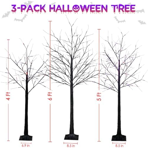 Set of 3 Lighted Black Halloween Tree Lights 4/5/6FT 300 LED Orange Purple