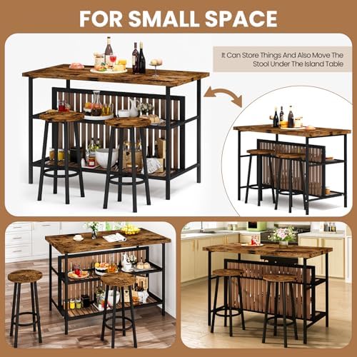 DKLGG Kitchen Island with Seating & Storage, Farmhouse Dining Table Set for 2, Space-Saving 3 Piece Dining Set Table & Chairs Island Table for Kitchen, Apartment, Dining Room, Rustic Brown