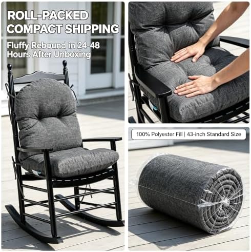 QILLOWAY Tufted Outdoor Chair Cushion Waterproof 43x20x4 Inch Non Slip Replacement Pad for Wicker Lounge Patio Furniture, Charcoal Grey, Black