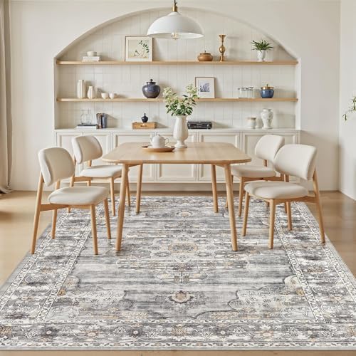 Vintage Washable 8x10 Area Rug, Non-Slip Indoor Carpet, Grey