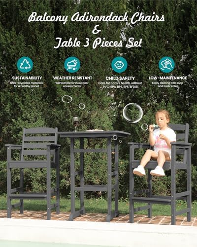 SERWALL 2-Pieces Tall Adirondack Chairs, HDPE Balcony Barstools Set, Grey