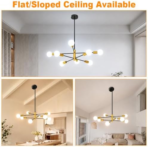 8 light sputnik chandelier, mid century modern adjustable, front angle view