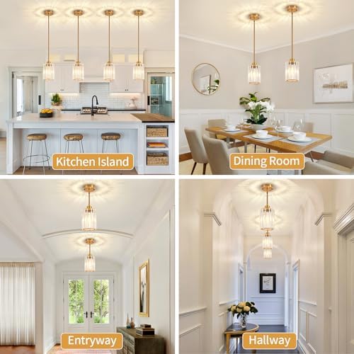 2 Pack Brushed Gold Pendant Light Fixtures Modern Crystal Kitchen Lighting
