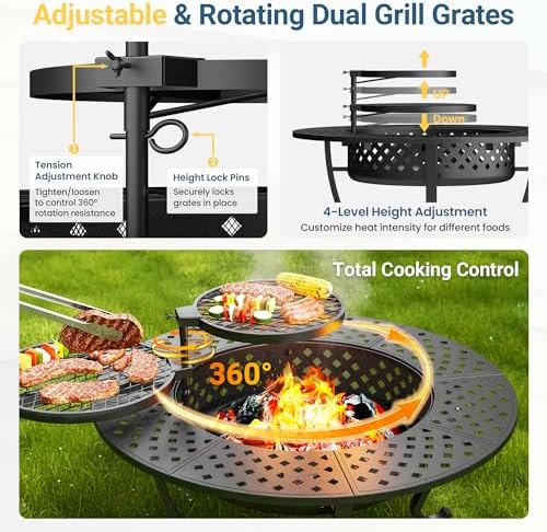 43" Large Fire Pit for Outside with 2 Adjustable Grills,Lid & Fire Poker