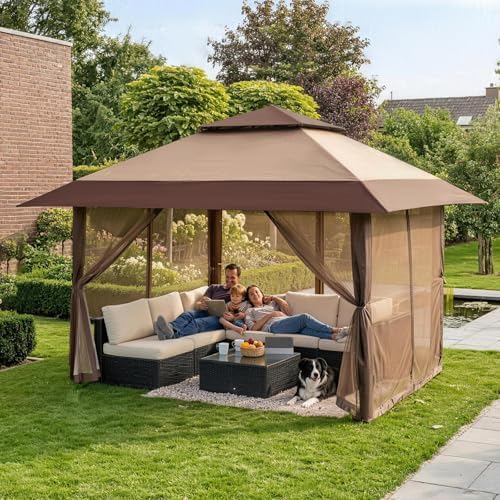 CROWN SHADES 13x13 Pop Up Gazebo, Clearance Canopy Tent,Beige & Coffee