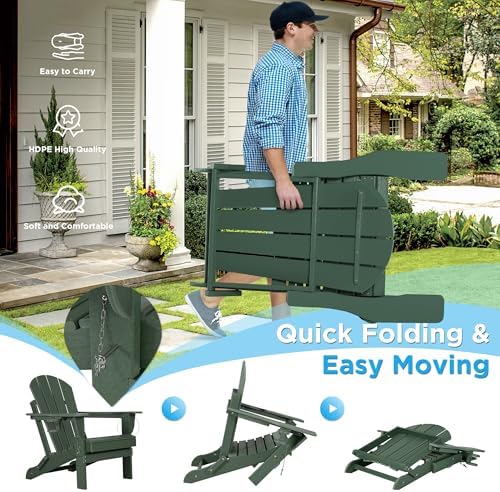 nalone Folding Adirondack Chairs Set of 2 with Cushion with Cup Holder, HDPE Plastic Oversized Patio Chair Weather Resistant, Used in Outdoor, Fire Pit, Deck, Garden, Campfire Chairs (Green)