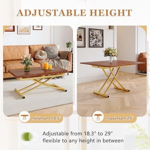 Adjustable Height Coffee Table, Folding Dining Table, Walnut&Gold
