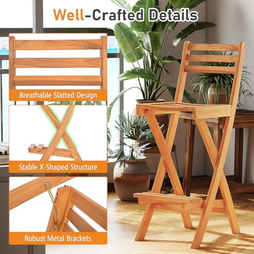 Tangkula Patio Folding Barstool, Outdoor Portable High Top Acacia Wood Bar Height Chair with Backrest & Footrest,for Backyard, Garden, Front Porch (1)