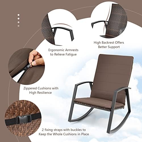 Tangkula 3 Pieces Patio Rocking Bistro Set, PE Rattan Rocking Chairs with Tempered Glass Side Table, Outdoor Wicker Conversation Set with Zippered Cushion for Patio, Garden, Poolside (Mix Brown)