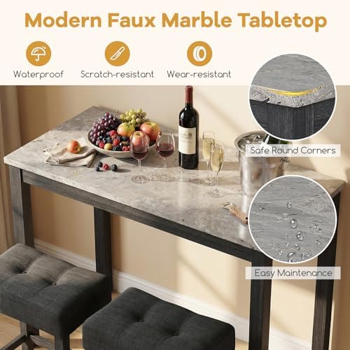 COSTWAY 3-Piece Wooden Bar Table Set with Charging Station