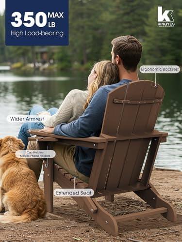 KINGYES Folding Adirondack Chair Set of 2 with 2 Cup Holders, Brown
