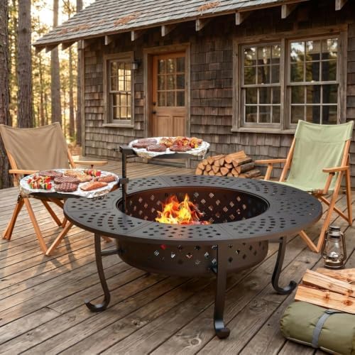 43" Fire Pit, Firepit with Adjustable 2 Grills & Lid & Fire Poker for Patio
