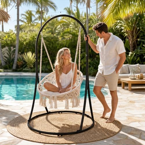SUNCREAT Hammock Chair with Stand Included, Heavy Duty Hanging Chair with Stand, 330 lbs Capacity, Patented, Beige