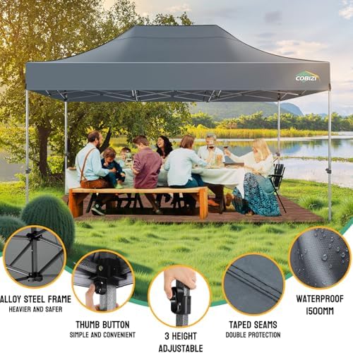 COBIZI 10x15 Heavy Duty Pop Up Canopy Tent with 4 Sidewalls, Gray