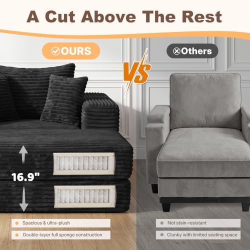 Busaurus 60'' Oversized Chaise Lounge Chair Indoor with Ottoman, Convertible Boneless Sofa Bed & Corduroy Reading Chair for Living Room & Bedroom, No Assembly Required